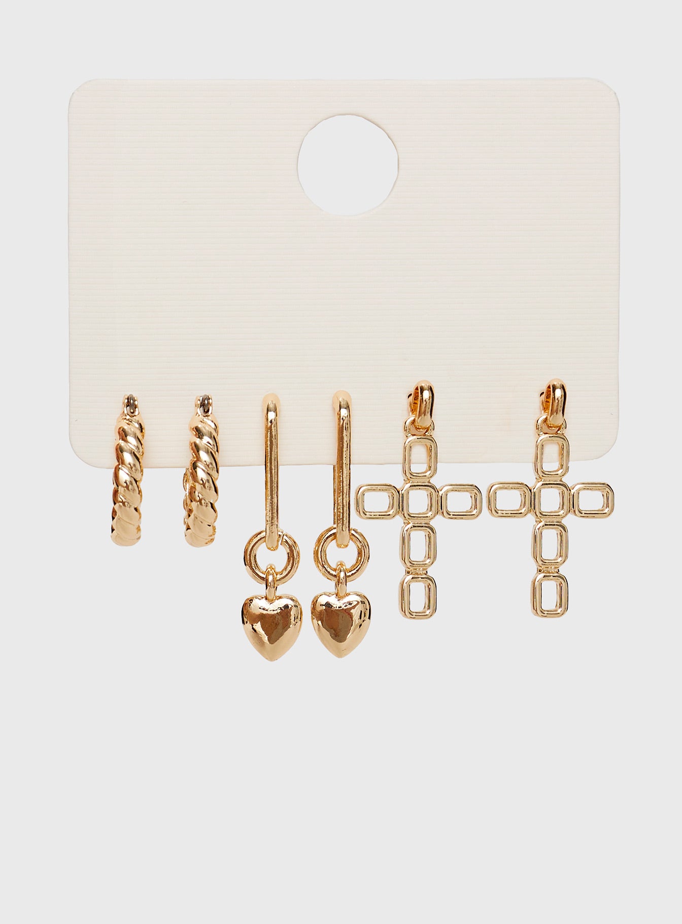 Gold toned earring pack Pack of three pairs, hoop design, stud & clasp fastening