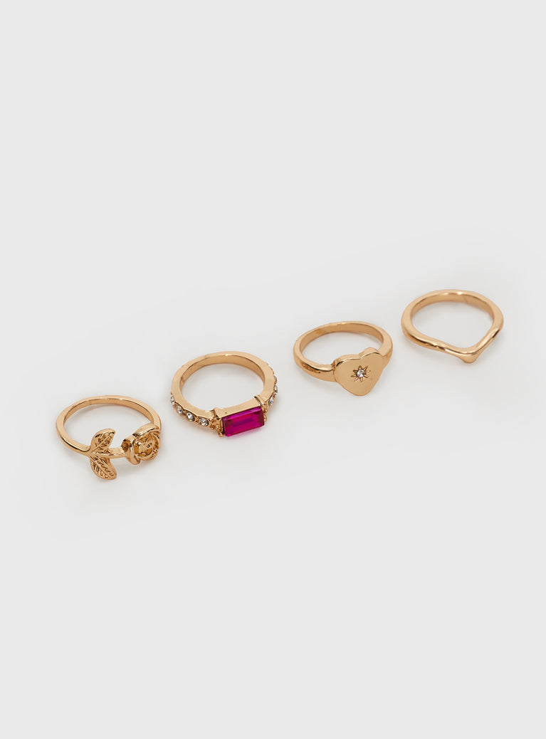 Gold-toned ring pack Pack of four, gemstone detail