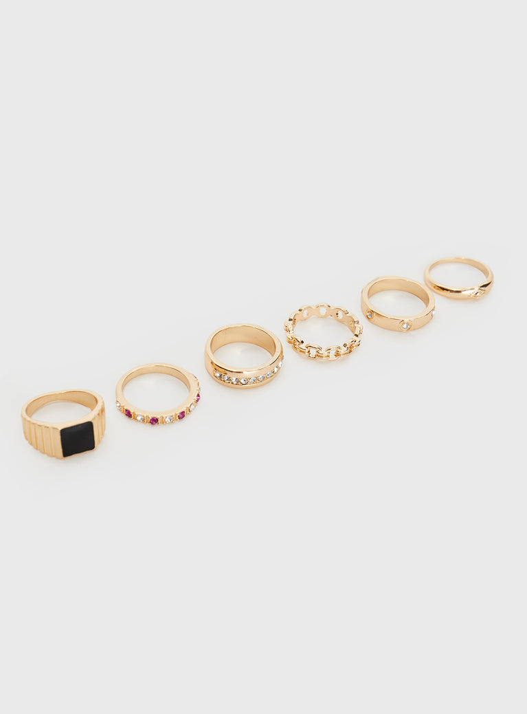 Gold-toned ring pack Pack of six, chunky style, gemstone & diamante detail, lightweight