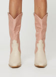 Faux leather cowboy boots Pull tabs at side, pointed toe, block heel, padded footbed