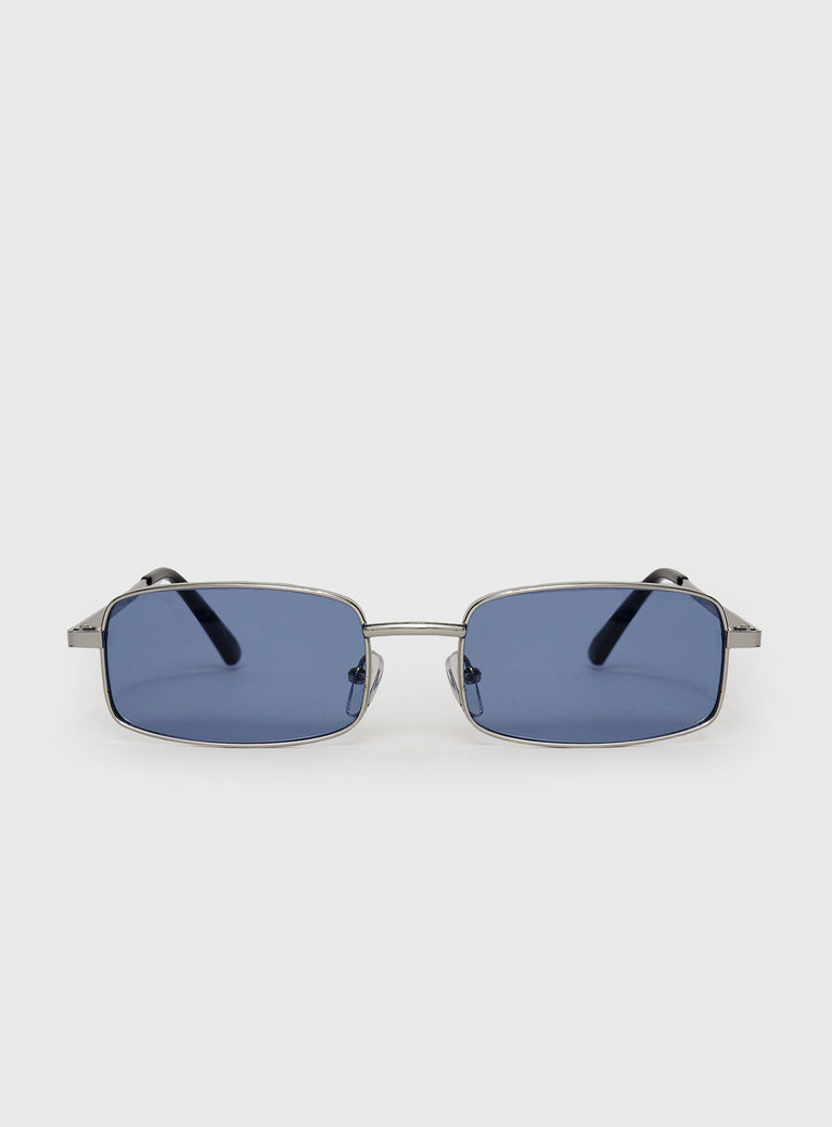 Rectangular sunglasses Silver-toned metal frame, blue-tinted lens, silicone nose pads