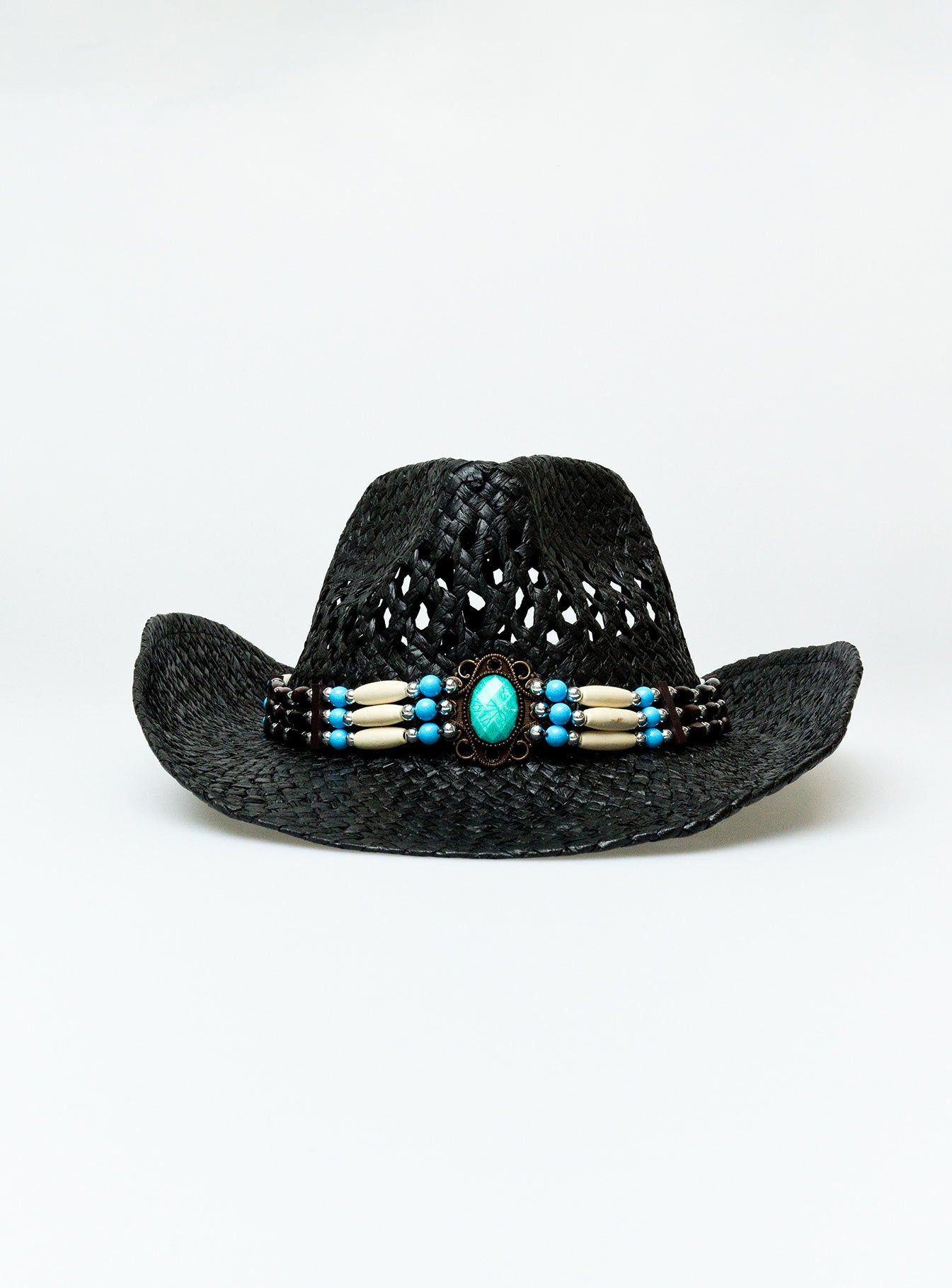 Cowboy hat Woven straw Curved wide brim  Internal adjustable drawstring Mouldable brim shape Bead detail