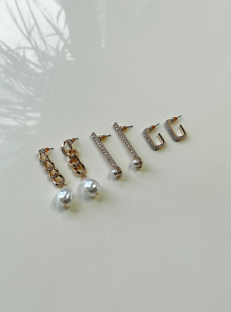Earrings Pack of three pairs Gold toned Diamante and pearl detail Stud fastening
