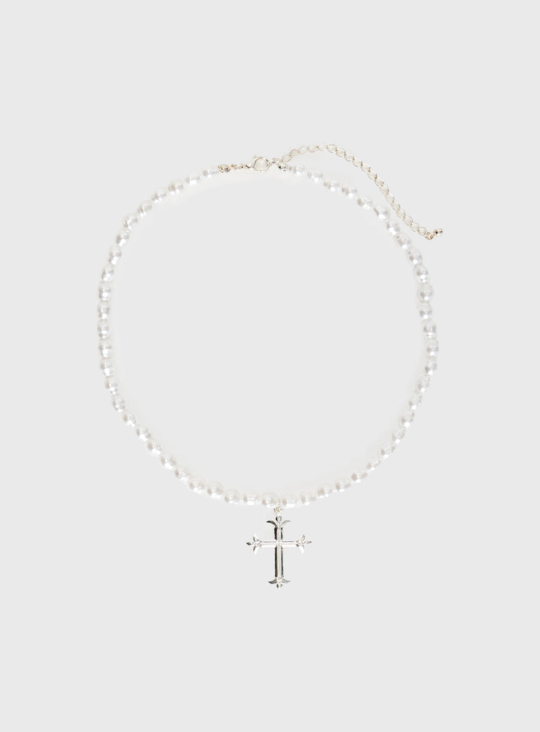 Pearl necklace Silver-toned cross charm, lobster clasp fastening Princess Polly Lower Impact