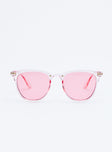 Sunglasses Rounded frame Lightweight design Pink tinted lenses Moulded nose bridge Metal arms
