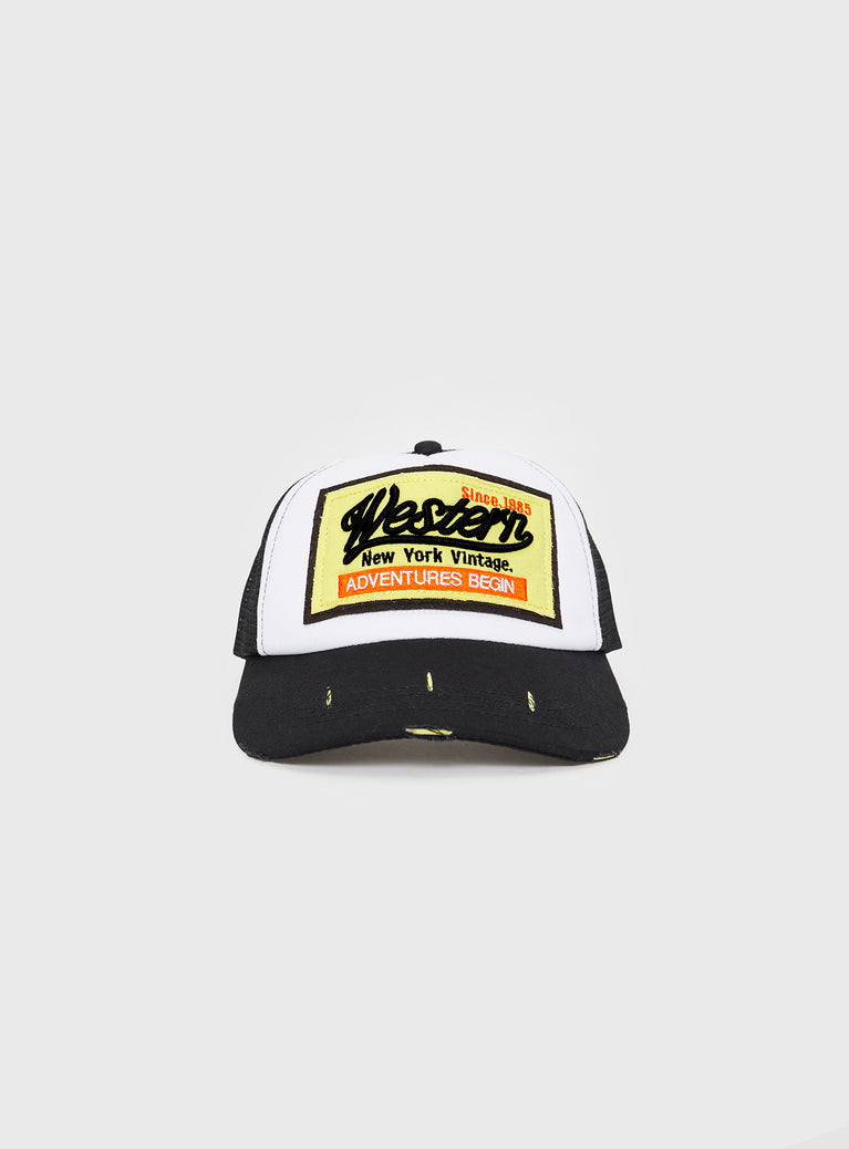 Graphic trucker hat Mesh back panels, snap back fastening 