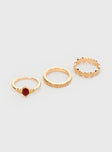 Gold-toned ring pack Gemstone detail, pack of three, lightweight