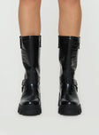 Black Faux croc leather knee-high boots Slip-on design, silver-toned buckles, rounded toe, treaded sole, padded footbed