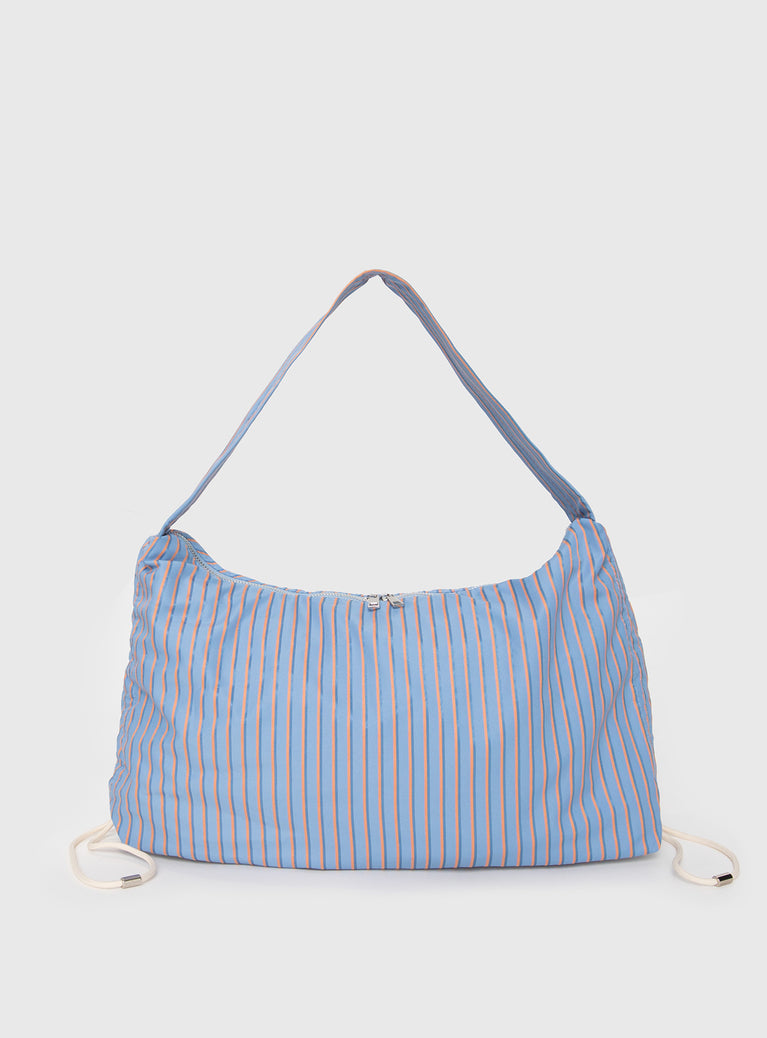 Blue Shoulder bag Slouchy look, striped print, fixed strap, exposed zip fastening, drawstring ruching detail at sides, internal zip pocket, flat base