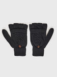Black Fingerless Gloves  Knit material, fingerless except for the thumb, button fastening to fold over as mitten