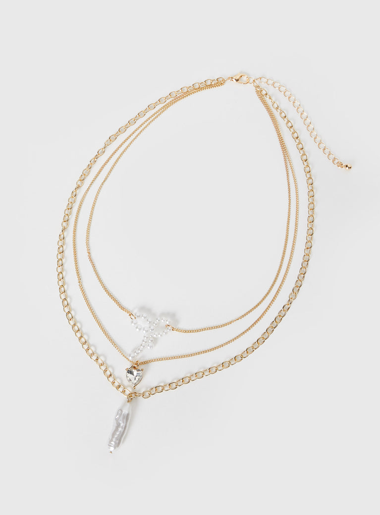 Gold-toned necklace set Pearl and diamante detail, three fixed chains - these cannot be worn separately, lobster clasp fastening