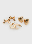 Gold-toned earring pack Diamante & pearl details, stud fastening