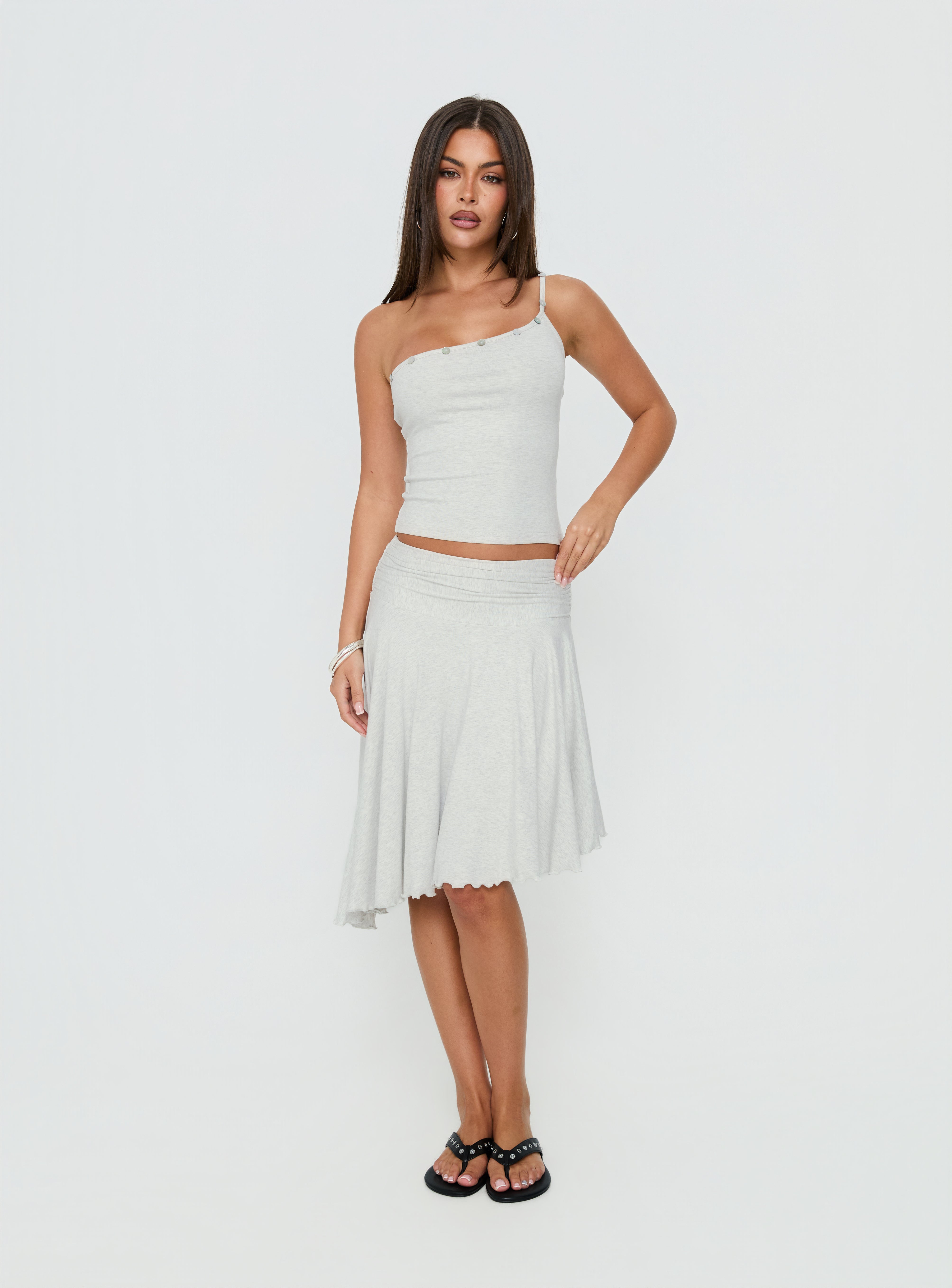 Mimii Button Detail Asymmetrical Midi Skirt Grey | Princess Polly