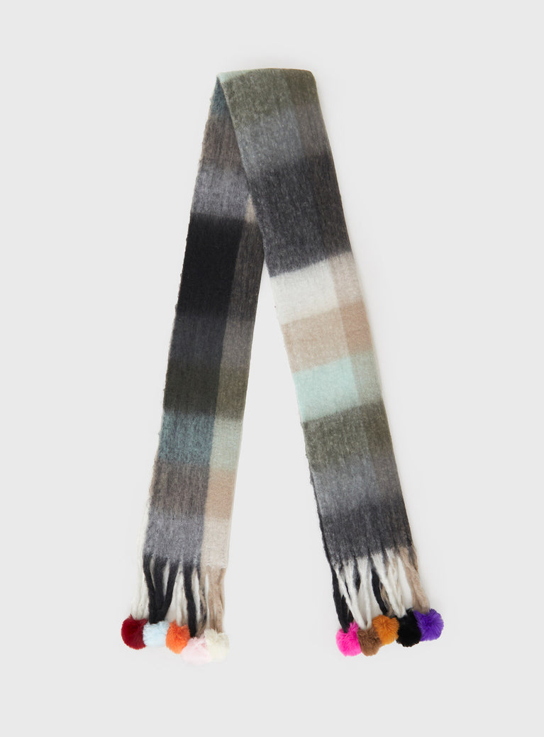 Scarf Soft knit material with good stretch, tassle ends with pom poms
