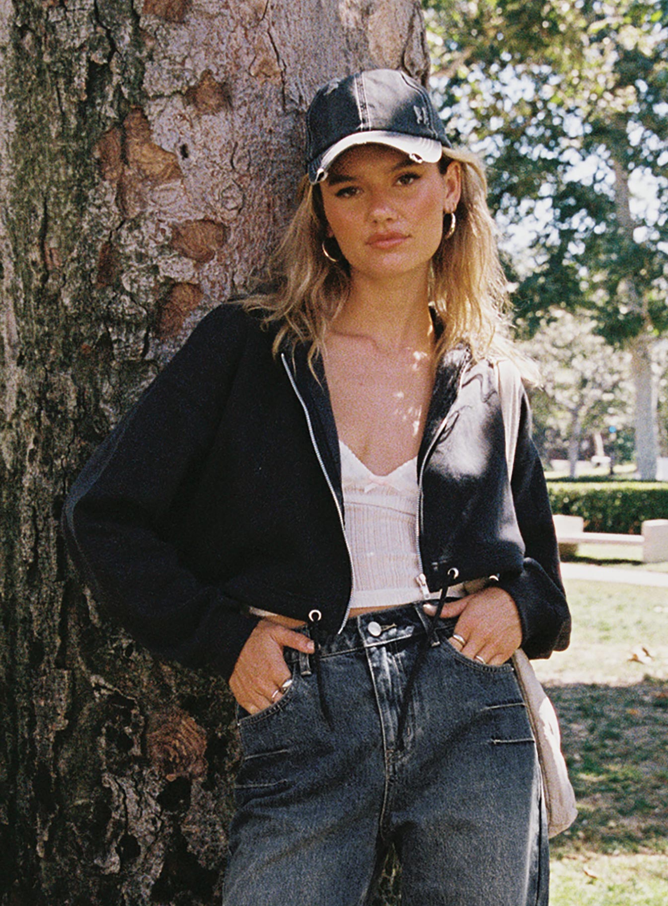 front view of model wearing Princess Polly Samwell Cropped Zip Up Hoodie Black Sand Cropped 