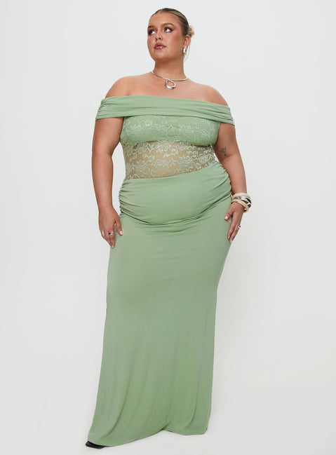 Gwendolen Off The Shoulder Maxi Dress Curve | Green | Womens | Princess Polly Lower Impact Gwendolen Off The Shoulder Maxi Dress Curve | Green | Womens | Princess Polly Lower Impact
