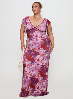 front view of model wearing Princess Polly Soleila Maxi Dress Purple Multi Curve Plunger 