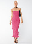 Strapless maxi dress, frill detail throughout Inner silicone strip at bust, invisible zip fastening at side