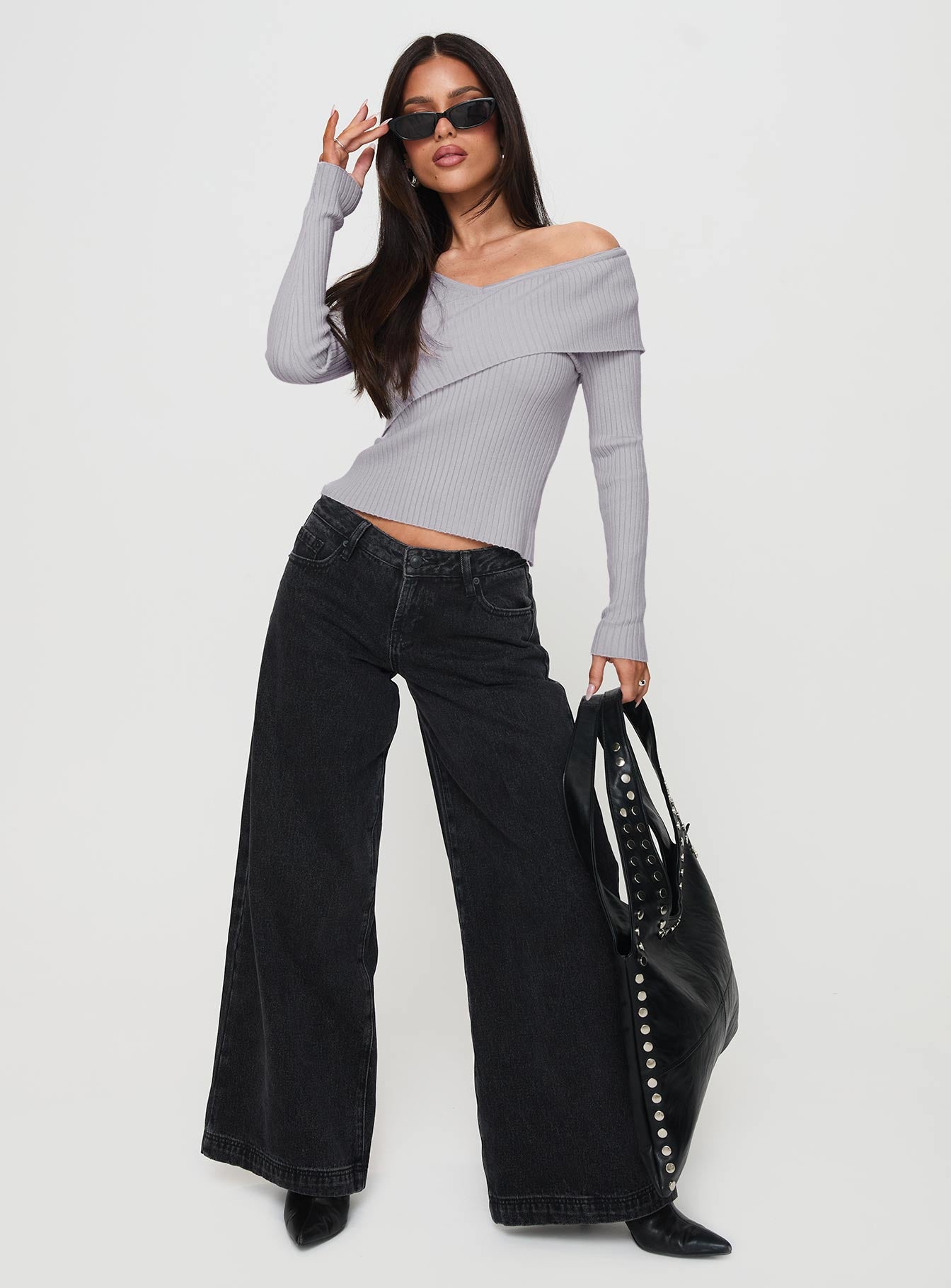 side view of model wearing Princess Polly Nolia Long Sleeve Top Grey Full Sleeves Asymmetric Neckline 