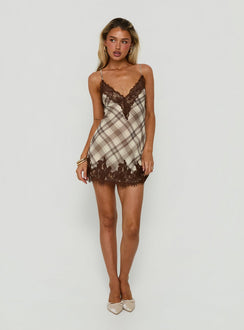 Call My Lover Lace Slip Mini Dress Brown Check