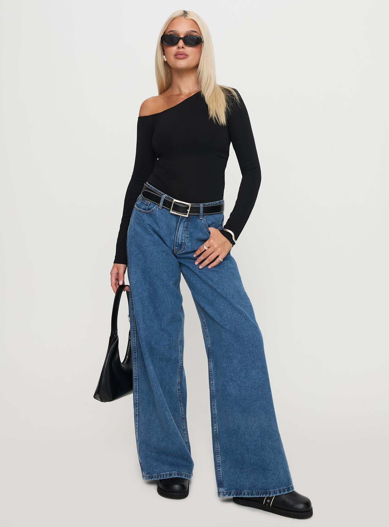 back view of model wearing Princess Polly Miyako Long Sleeve Bodysuit Black Long Sleeve Tops 