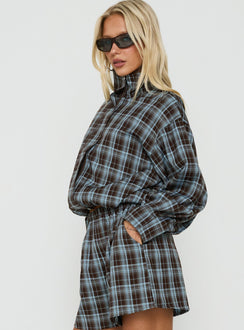 Lunna Funnel Neck Jacket Blue / Brown Check