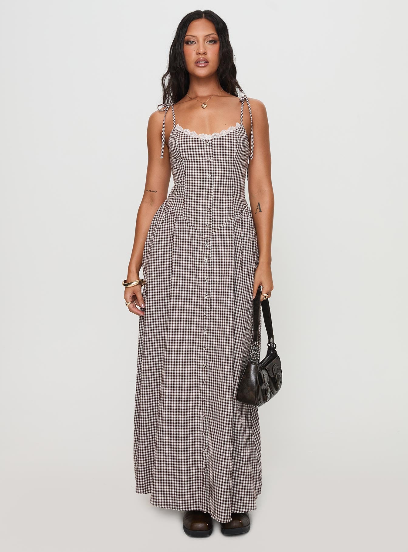 Dalanie Tie Strap Maxi Dress Brown Gingham | Princess Polly Dalanie Tie Strap Maxi Dress Brown Gingham | Princess Polly