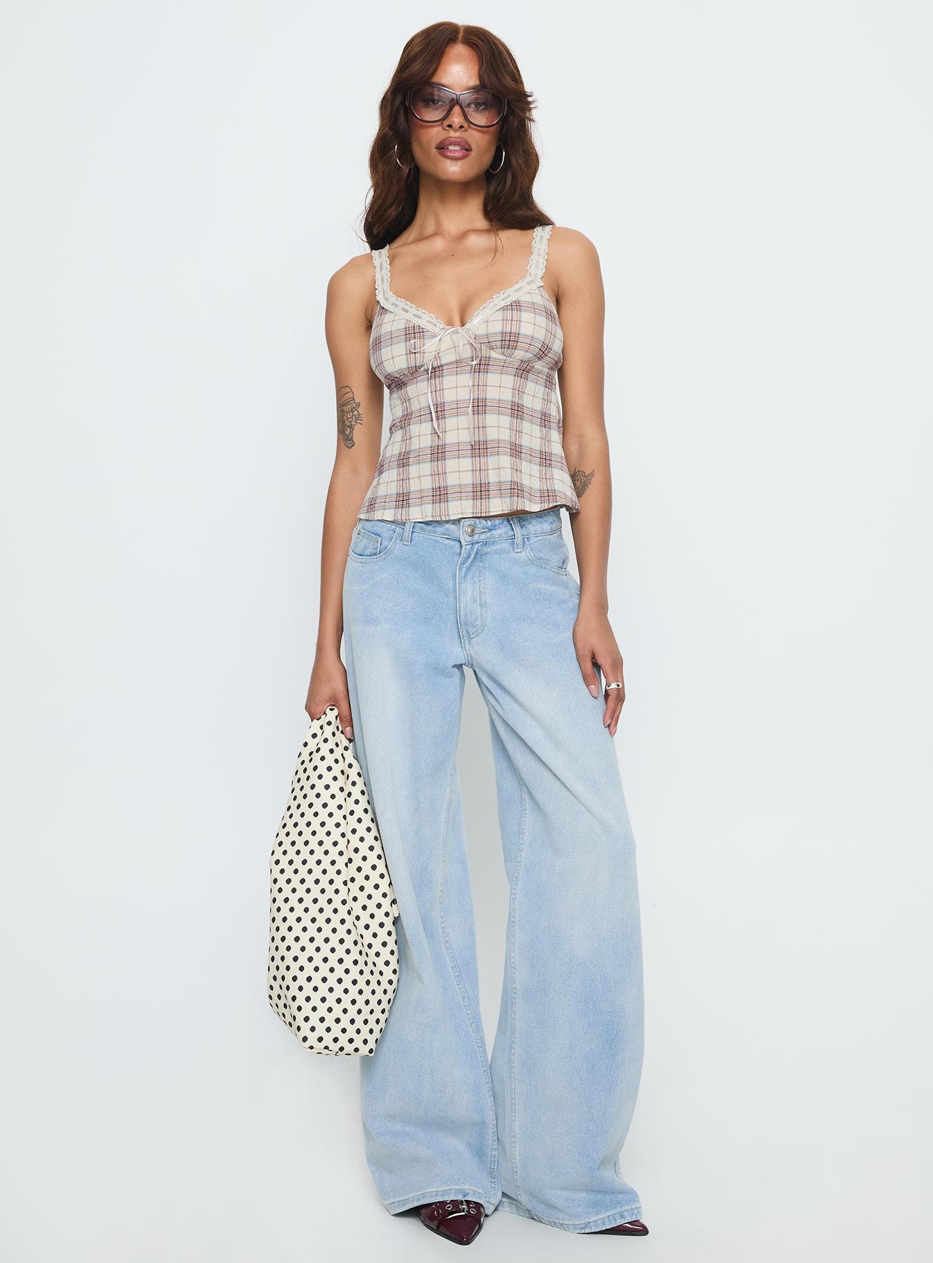Pretty It Up Tie Detail Top Beige Check | Princess Polly