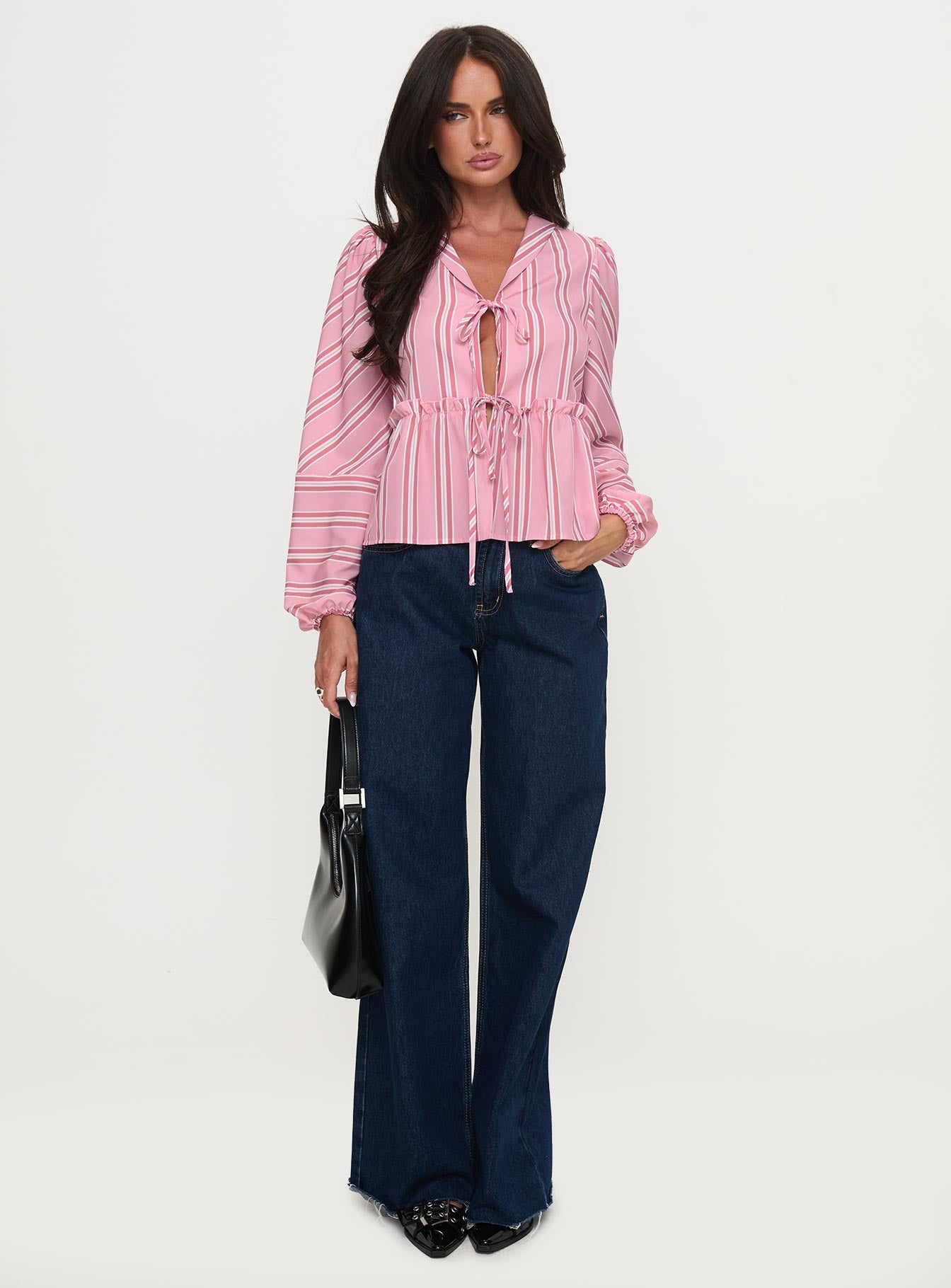 front view of model wearing Princess Polly Cindylou Long Sleeve Top Pink Stripe Full Sleeves Plunger 