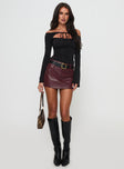 back view of model wearing Princess Polly Magee Faux Leather Mini Skirt Burgundy Mini Skirts 