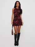 front view of model wearing Princess Polly Vivre Mini Dress Burgundy Paisley High Neck 