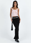 Cami top Silky material Lace trim Fixed shoulder straps V-neckline Waist tie fastening at back
