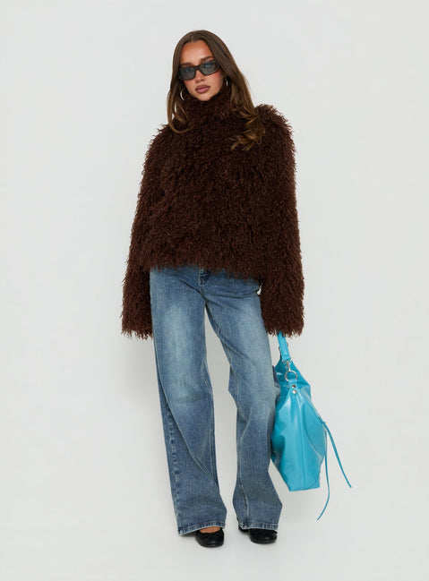 Kaiero Oversized Faux Fur Shag Jacket Brown