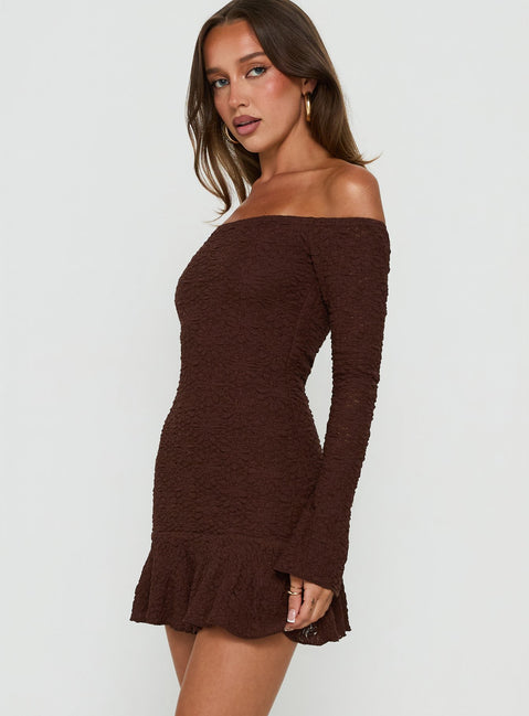 Vancesca Off Shoulder Long Sleeve Mini Dress Chocolate