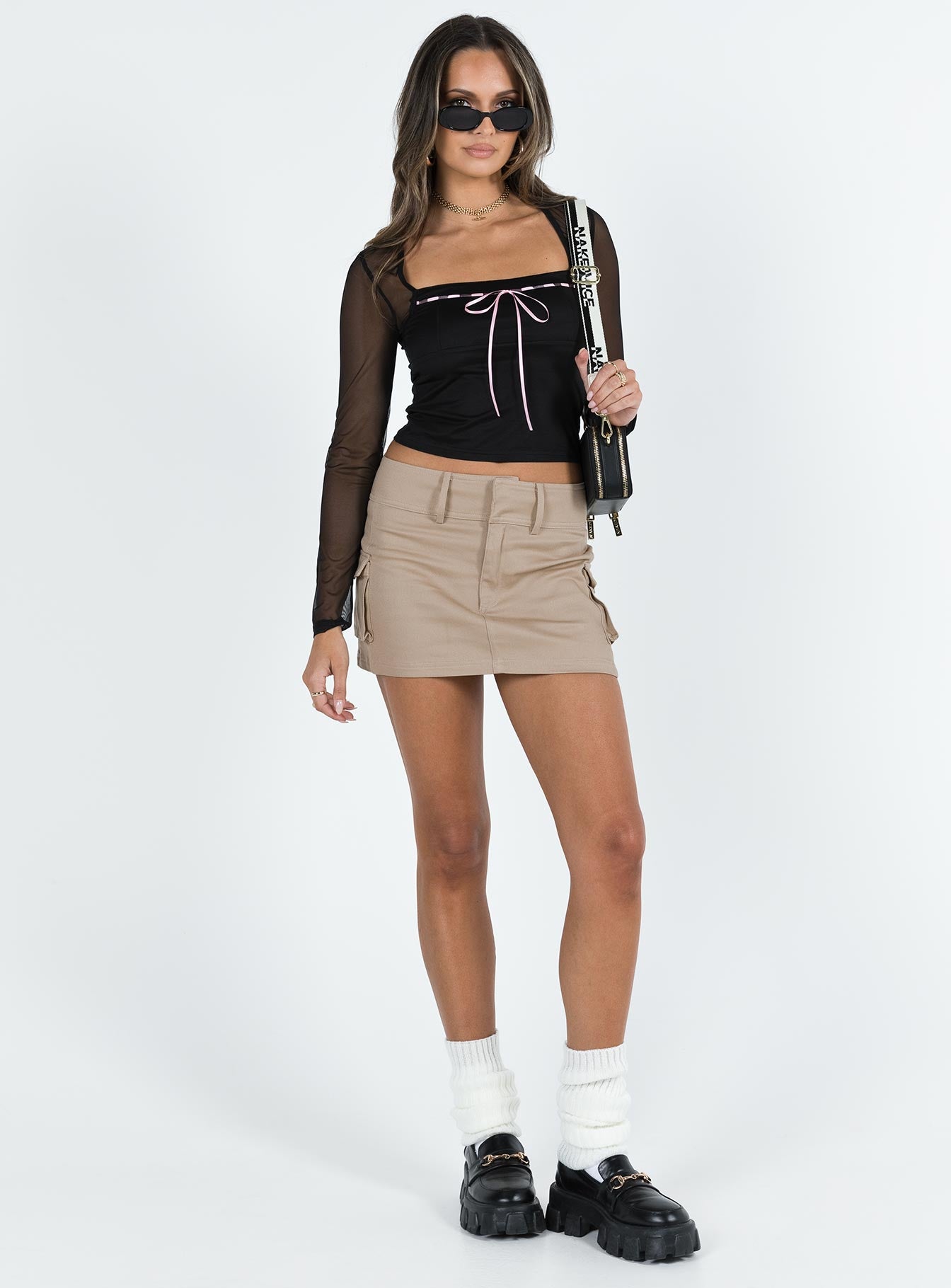 front view of model wearing Princess Polly Corria Mesh Long Sleeve Top Black Full Sleeves Square Neck 