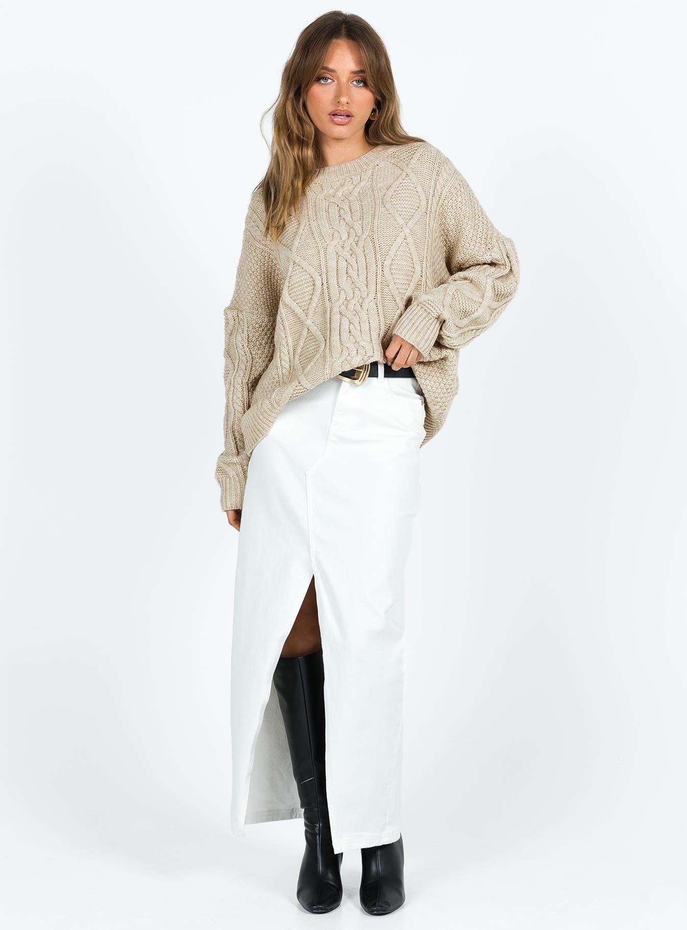 front view of model wearing Princess Polly Canlish Cable Sweater Latte Long 