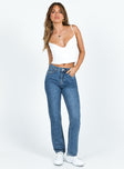 Jeans Mid wash denim Belt looped waist Classic five pocket design Branded patch at back Slim leg