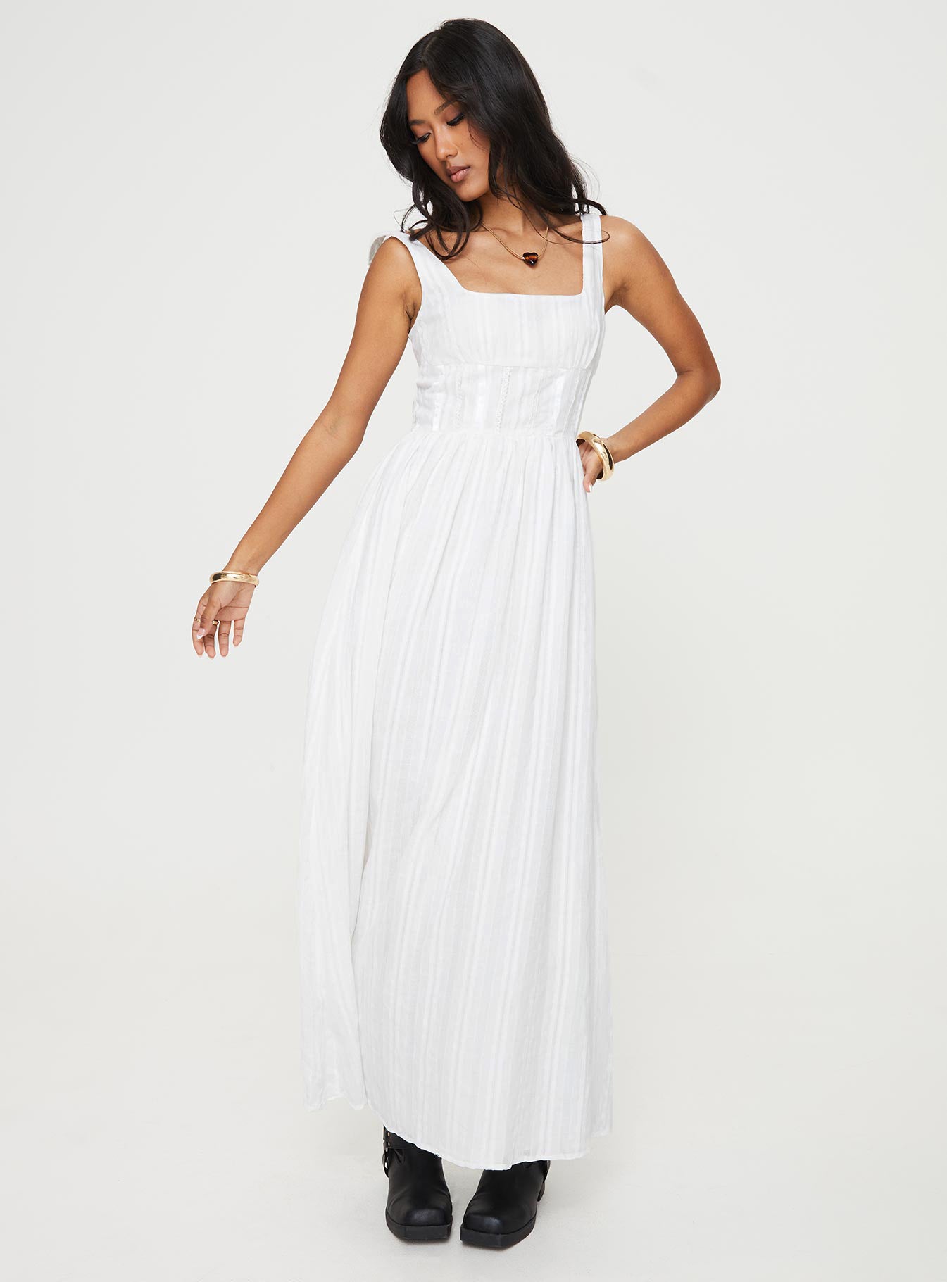 front view of model wearing Princess Polly Lorinda Maxi Dress White Lower Impact Square Neck 