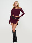 Burgundy Two piece set Long sleeve crop top, cold shoulder design, split hem Low rise mini skirt, leg slit