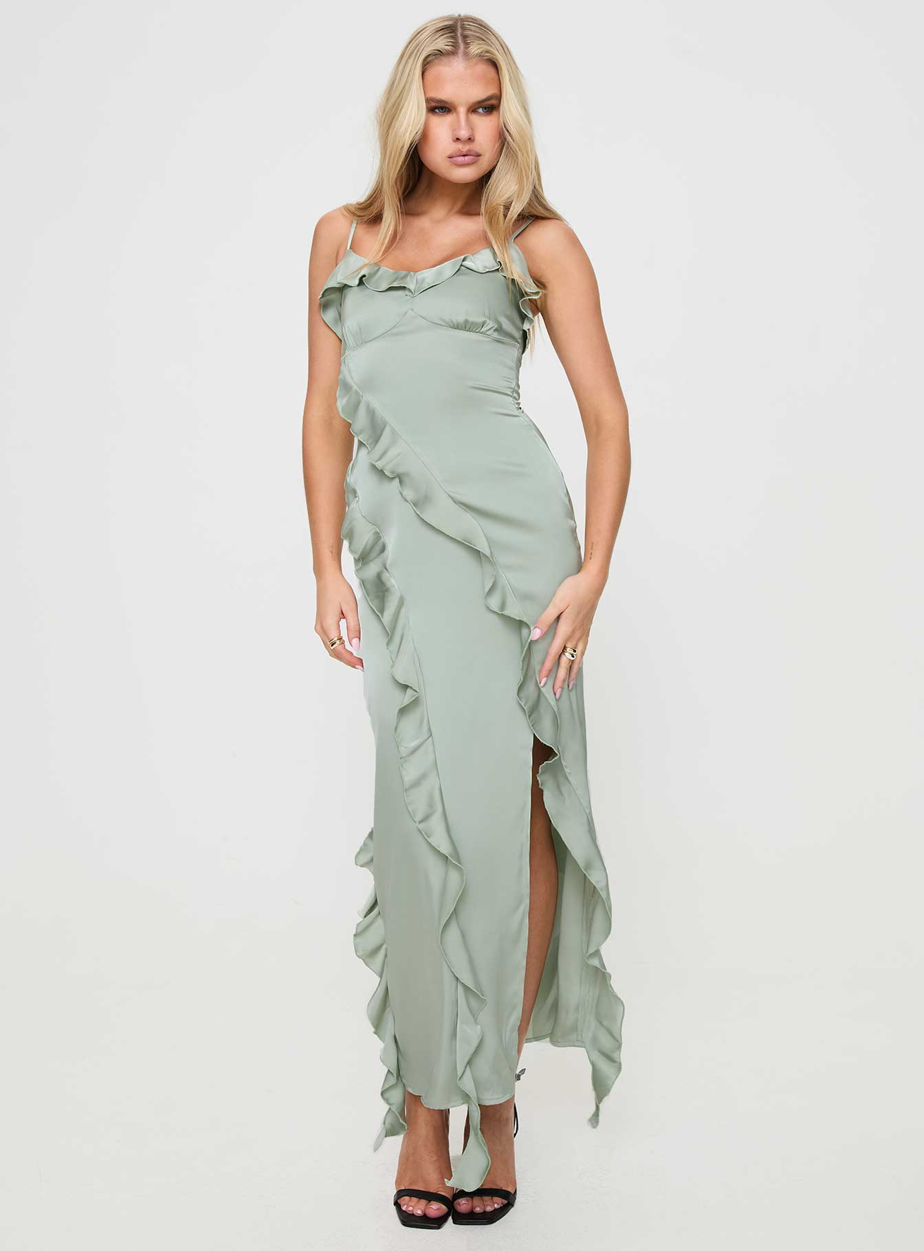 front view of model wearing Princess Polly Branwell Maxi Dress Sage V-Neck 