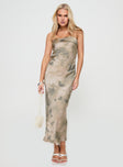 side view of model wearing Princess Polly Voices Strapless Maxi Dress Cream Floral Straight Neck 