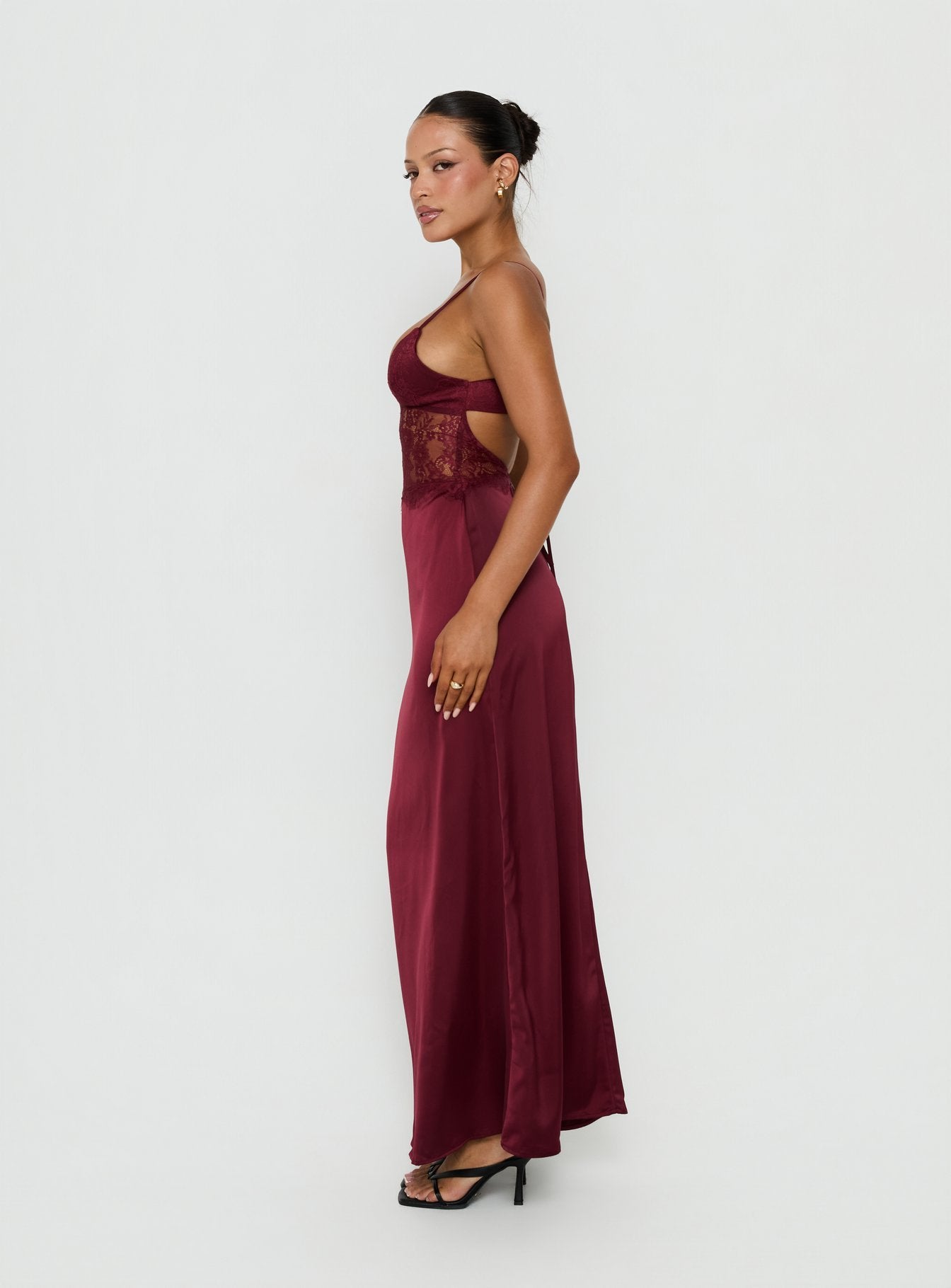 Lusta Plunge Lace Maxi Dress Cherry | Princess Polly
