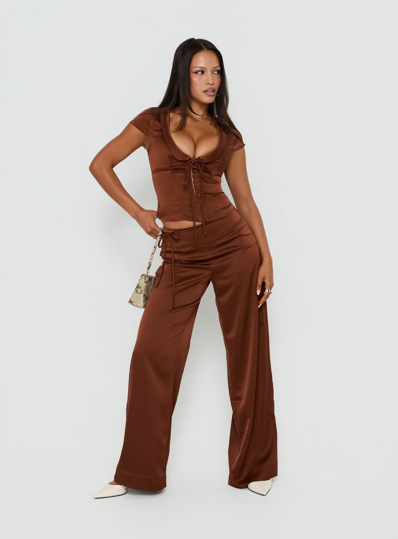 Aubrette Satin Collar Top Chocolate | Princess Polly