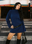 front view of model wearing Princess Polly Sonelle Knit Mini Dress Navy High Neck 