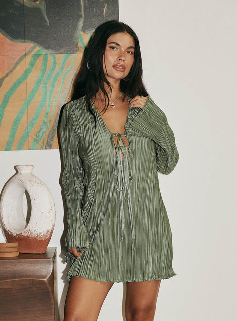 Princess Polly Women's Malop Pliss Long Sleeve Minidress - Green - Mini dresses Princess Polly Women's Malop Pliss Long Sleeve Minidress - Green - Mini dresses