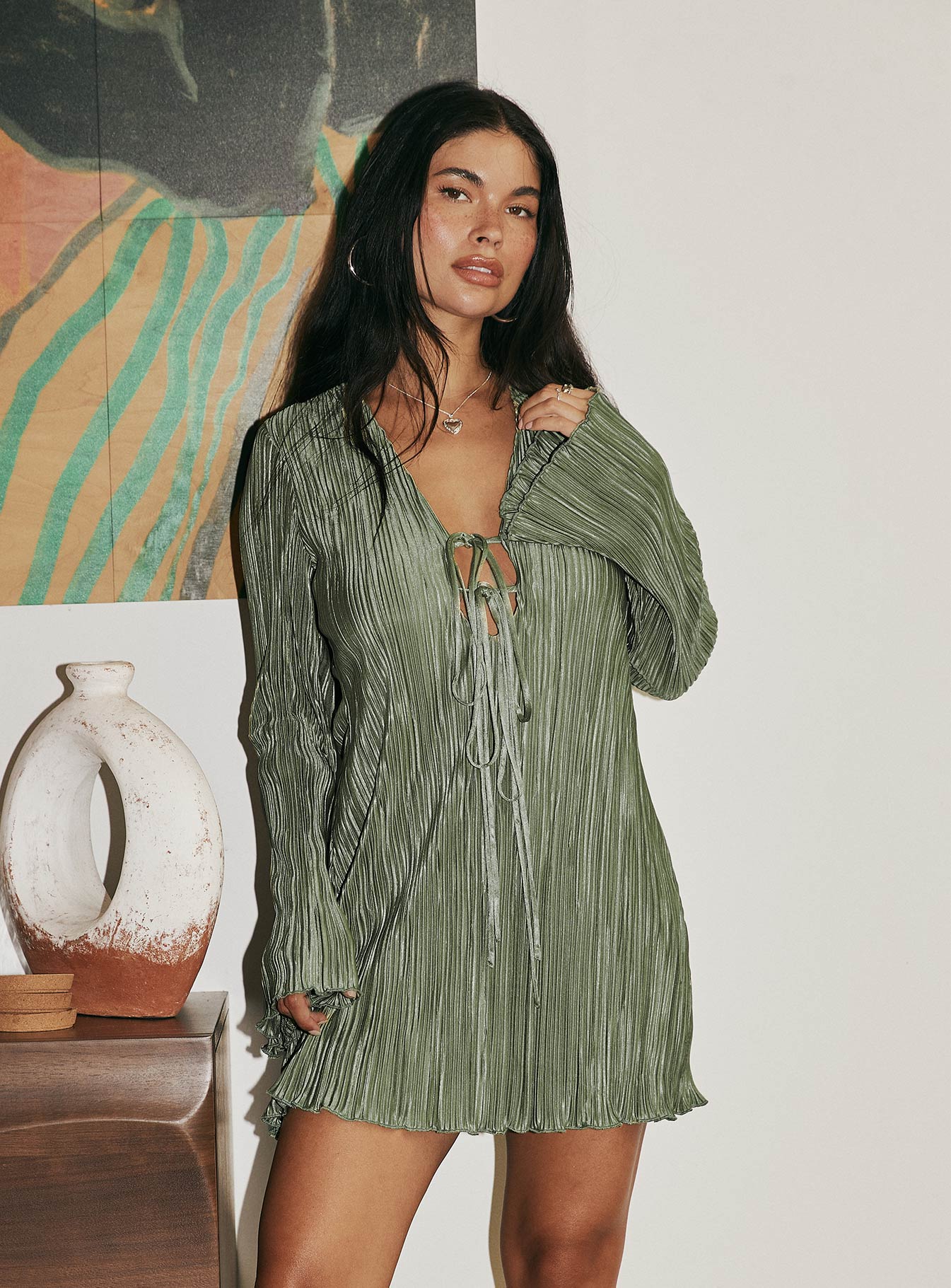 Princess Polly Women's Malop Pliss Long Sleeve Minidress - Green - Mini dresses Princess Polly Women's Malop Pliss Long Sleeve Minidress - Green - Mini dresses