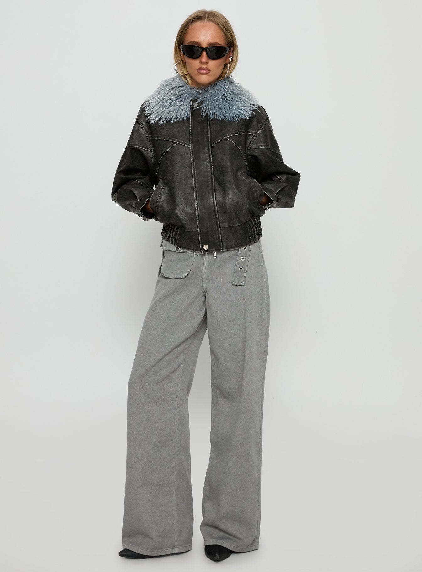 Brittanni Fluffy Collar Jacket Black / Blue | Princess Polly