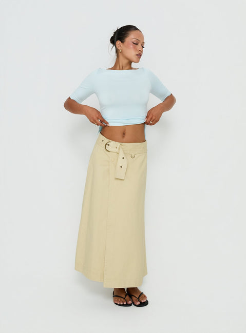 Showcasing the True Visions Belted Maxi Skirt Sand in womens-skirts with maxi length front view of model wearing Princess Polly