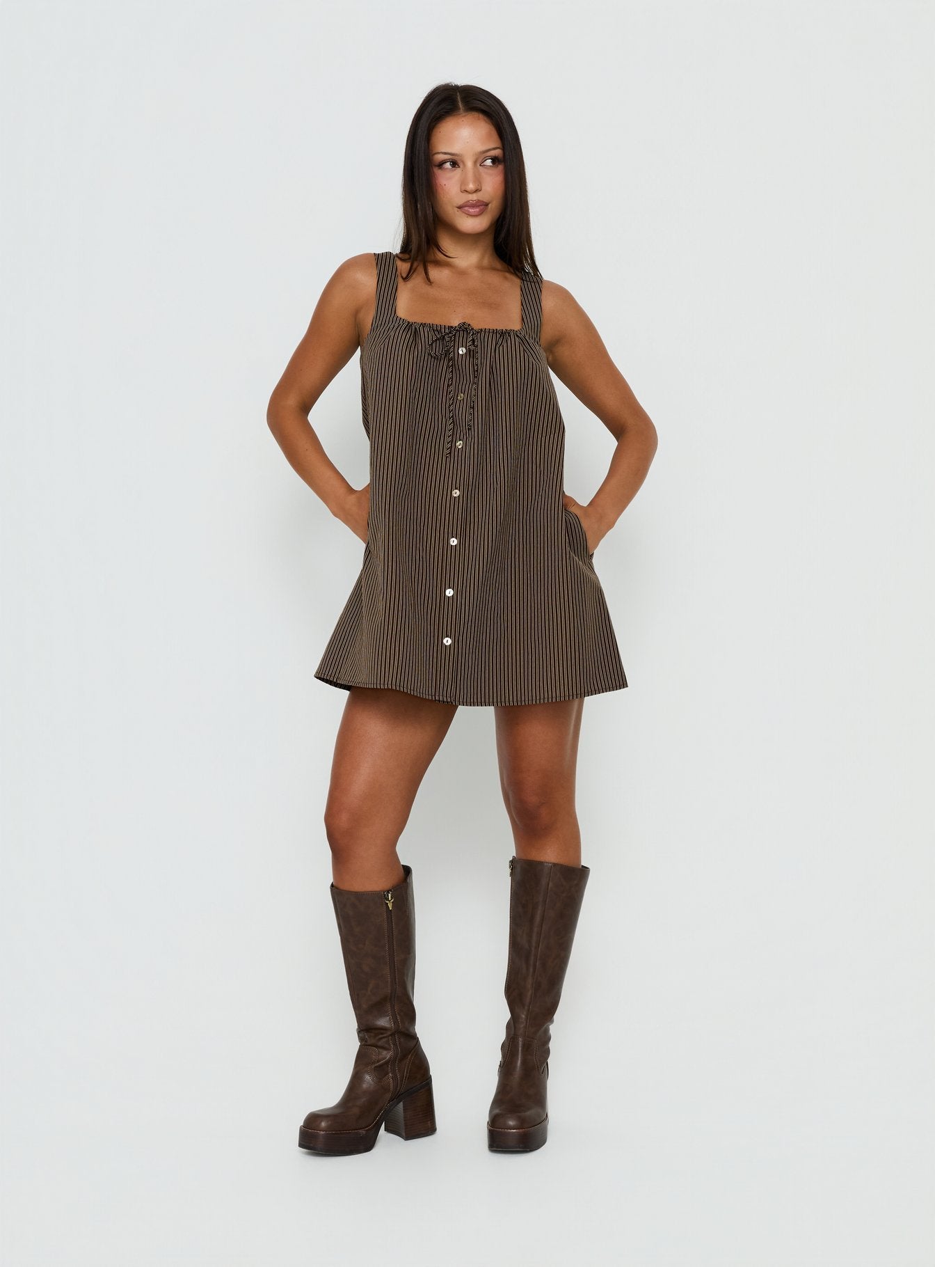 Bambalina Babydoll Mini Dress / Brown Stripe