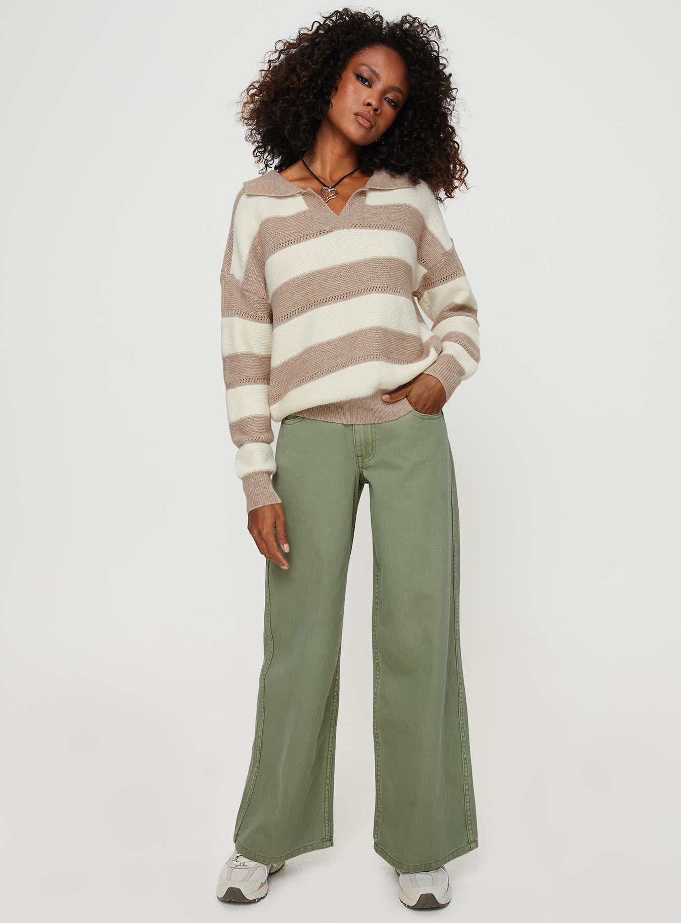 front view of model wearing Princess Polly Ramos Low Rise Denim Jeans Sage Mid Rise 